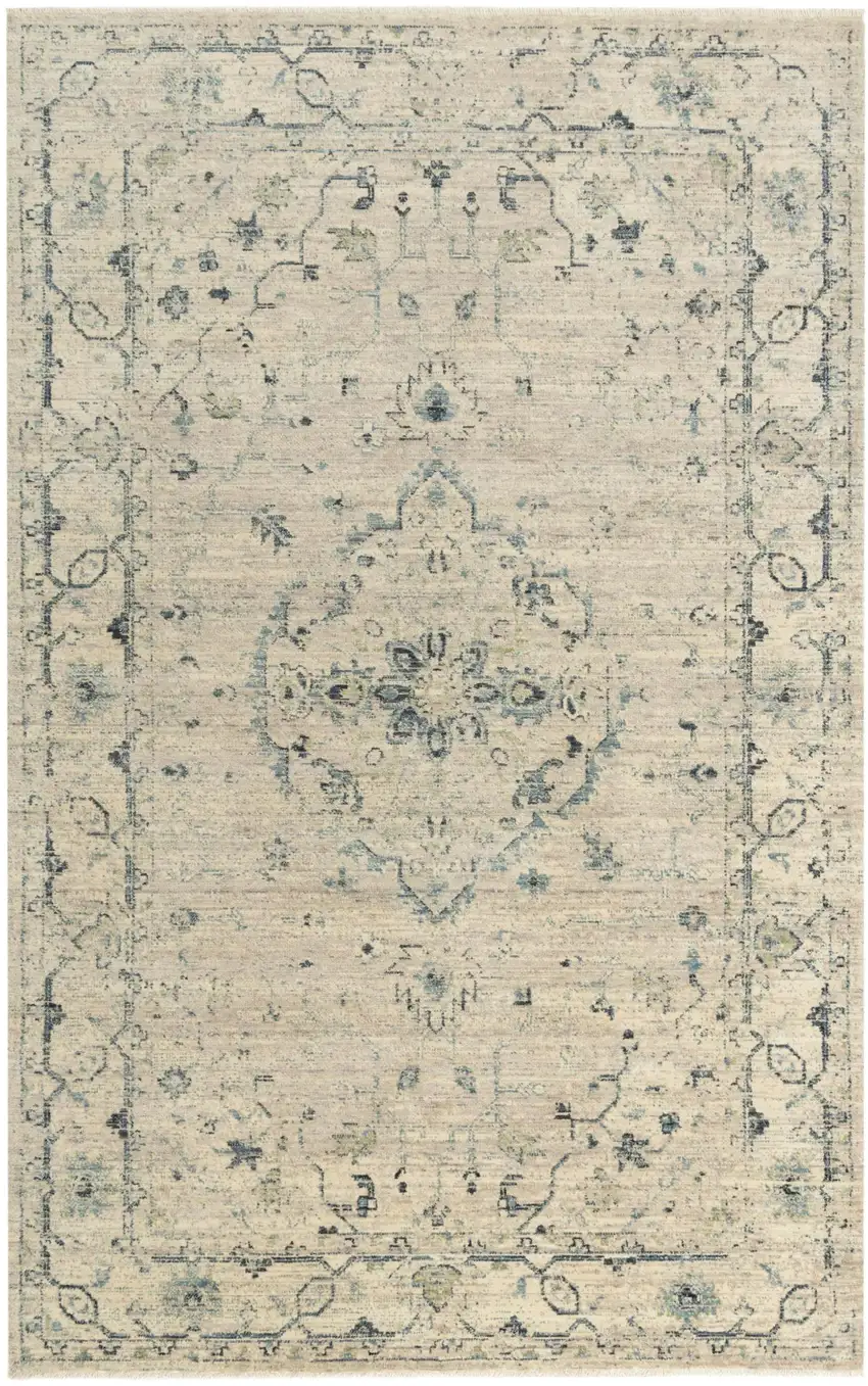 Beige Green Ivory And Blue Wool Medallion Hand Carved Handmade Area Rug Photo 1
