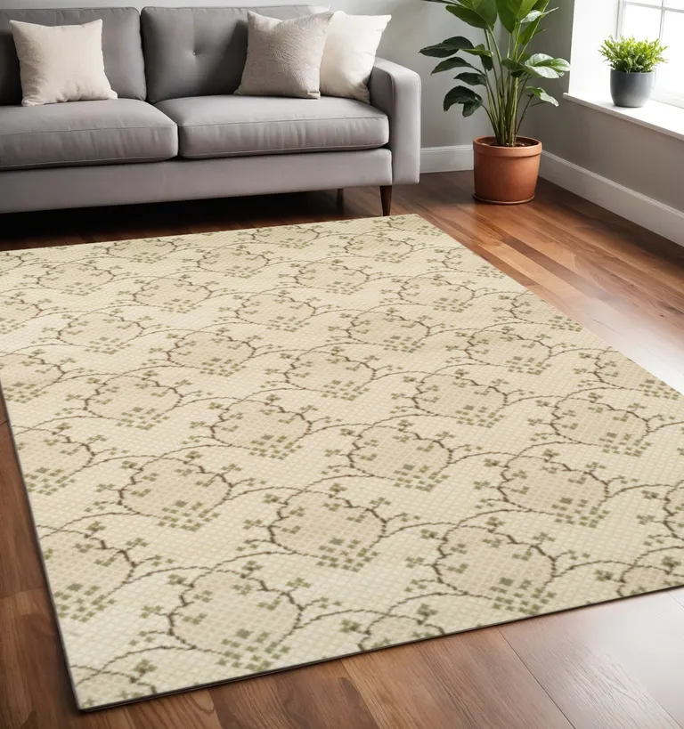 Beige Green and Brown Floral Vines Stain Resistant Area Rug Photo 4