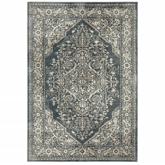 Beige Grey And Blue Oriental Power Loom Stain Resistant Area Rug Photo 1