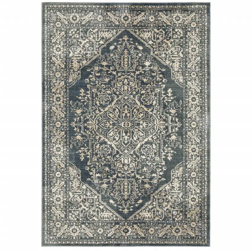 Beige Grey And Blue Oriental Power Loom Stain Resistant Area Rug Photo 1
