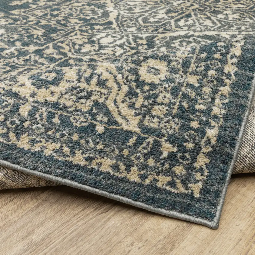 Beige Grey And Blue Oriental Power Loom Stain Resistant Area Rug Photo 4