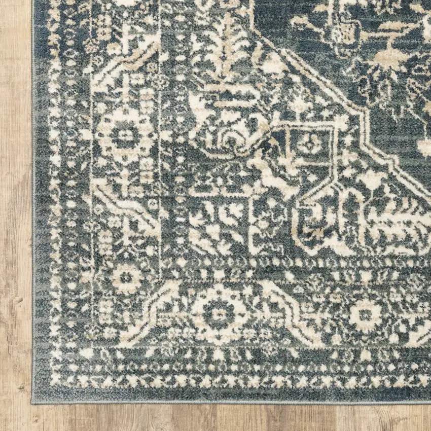 Beige Grey And Blue Oriental Power Loom Stain Resistant Area Rug Photo 3