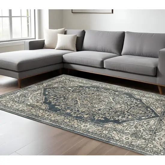 Beige Grey And Blue Oriental Power Loom Stain Resistant Area Rug Photo 2