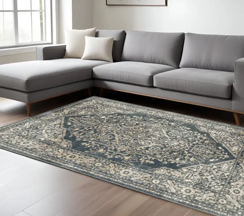 Beige Grey And Blue Oriental Power Loom Stain Resistant Area Rug Photo 2