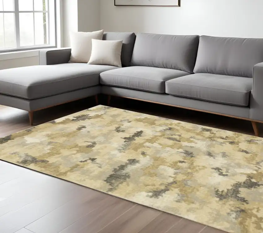 Beige Grey And Gold Abstract Power Loom Stain Resistant Area Rug Photo 1