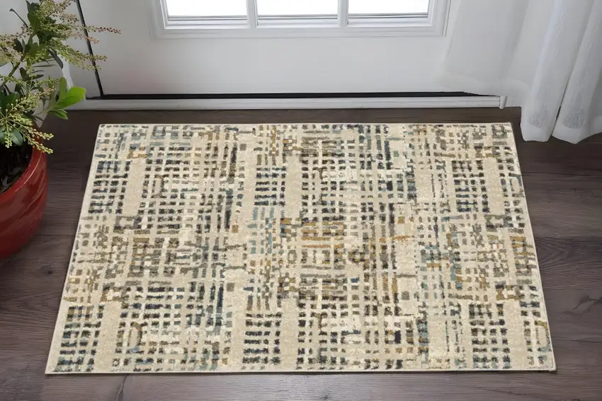 Beige Grey Blues Orange Yellow And Ivory Abstract Power Loom Stain Resistant Area Rug Photo 1