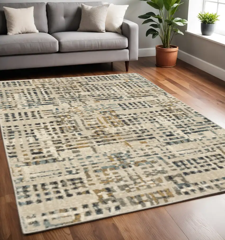 Beige Grey Blues Orange Yellow And Ivory Abstract Power Loom Stain Resistant Area Rug Photo 1