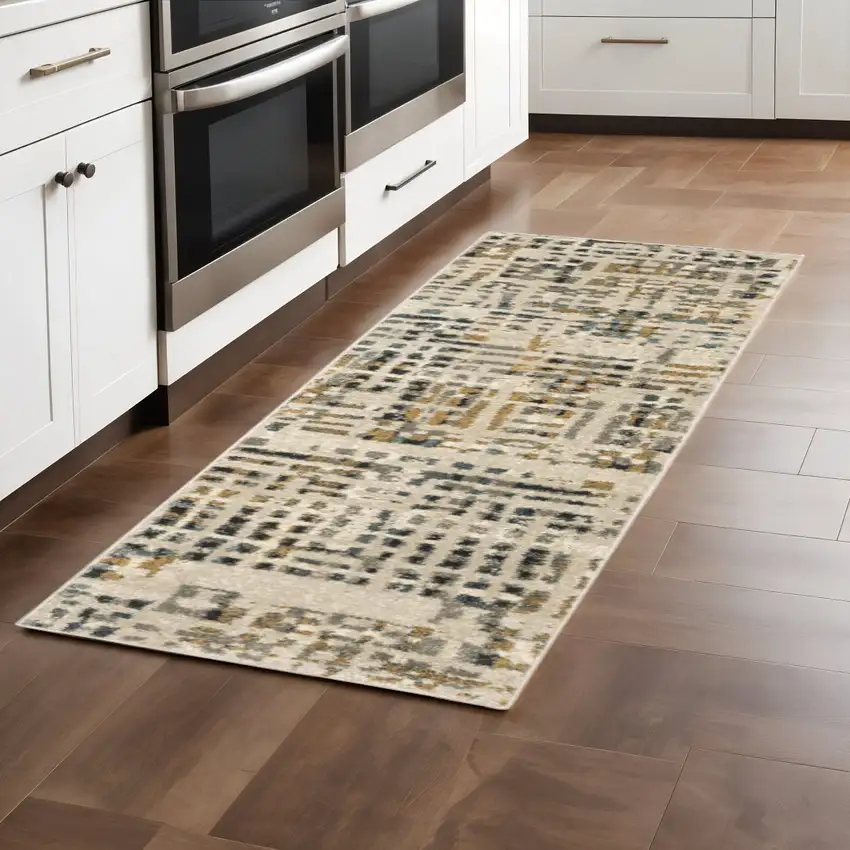 2' X 8' Beige Grey Blues Orange Yellow And Ivory Abstract Power Loom Stain Resistant Runner Rug Photo 1