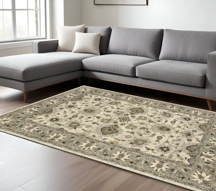 Beige Grey Brown And Charcoal Oriental Power Loom Stain Resistant Area Rug Photo 1