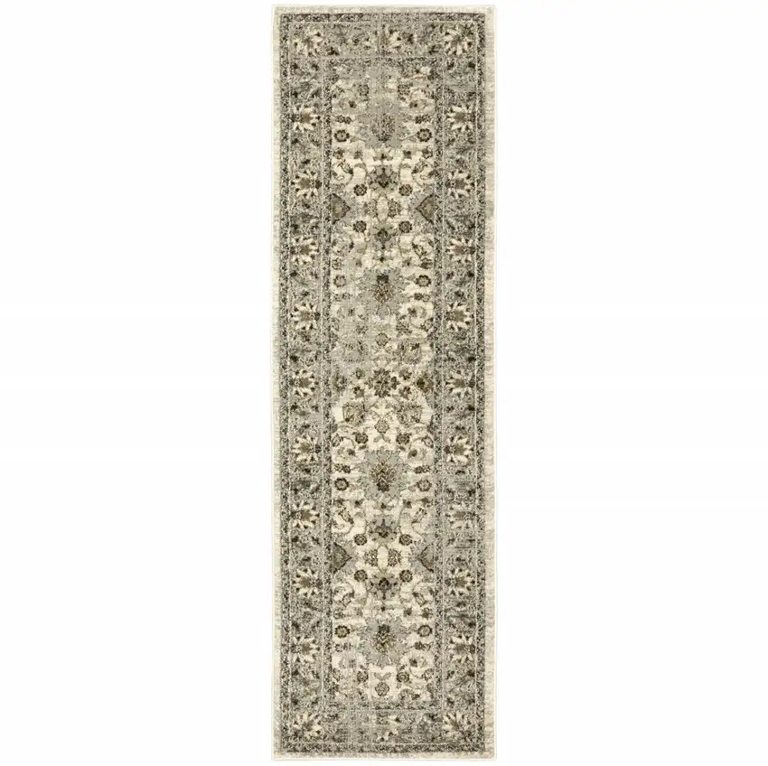 Beige Grey Brown And Charcoal Oriental Power Loom Stain Resistant Runner Rug Photo 2