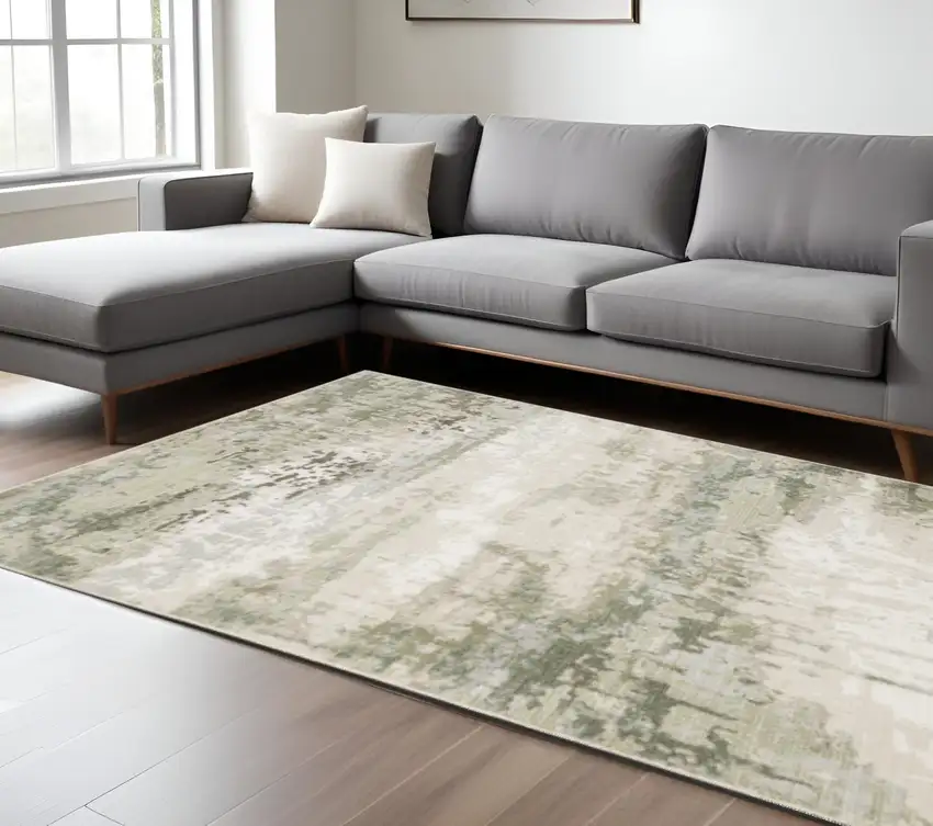 6' X 9' Beige Grey Brown And Sage Green Abstract Power Loom Stain Resistant Area Rug Photo 2