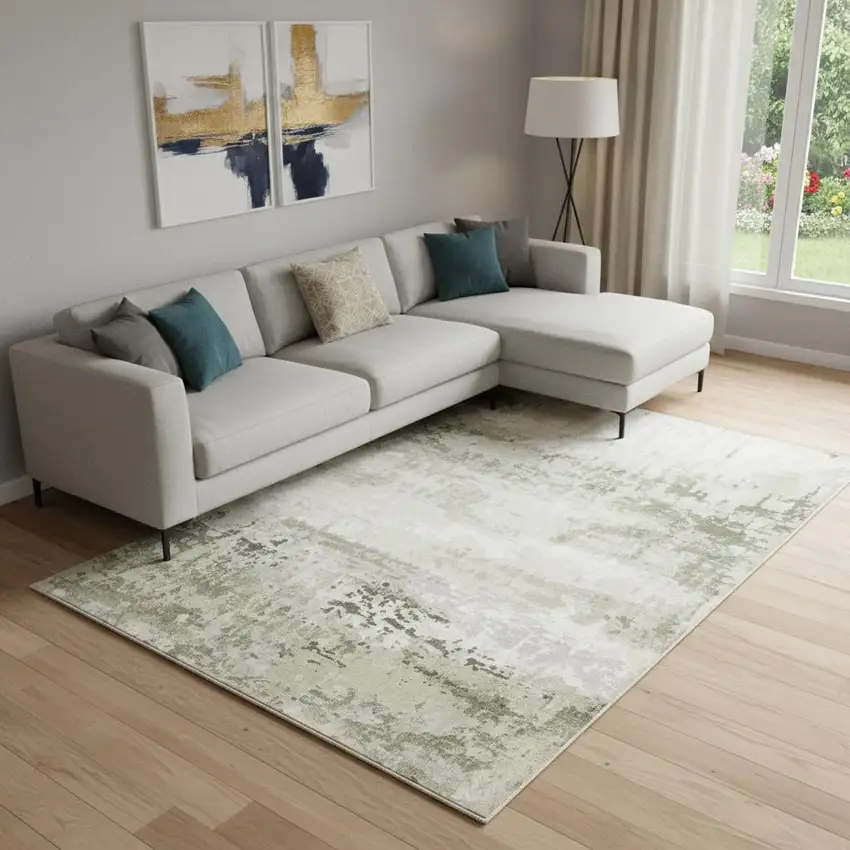 Beige Grey Brown And Sage Green Abstract Power Loom Stain Resistant Area Rug Photo 1