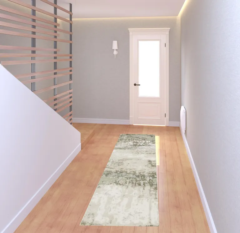Beige Grey Brown And Sage Green Abstract Power Loom Stain Resistant Runner Rug Photo 3