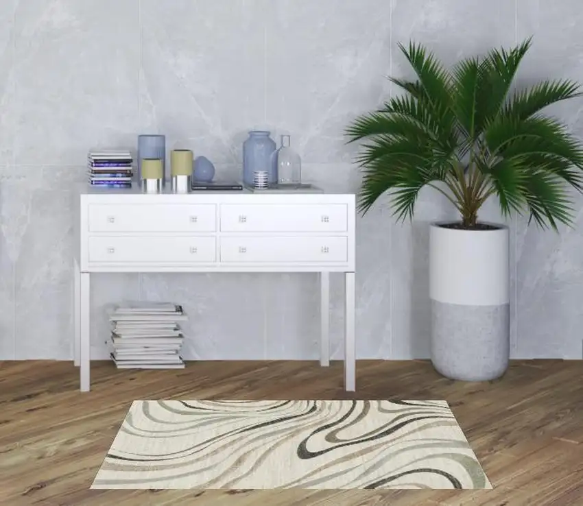 Beige Grey Brown Sage Pale Blue Tan And Charcoal Abstract Power Loom Stain Resistant Area Rug Photo 2