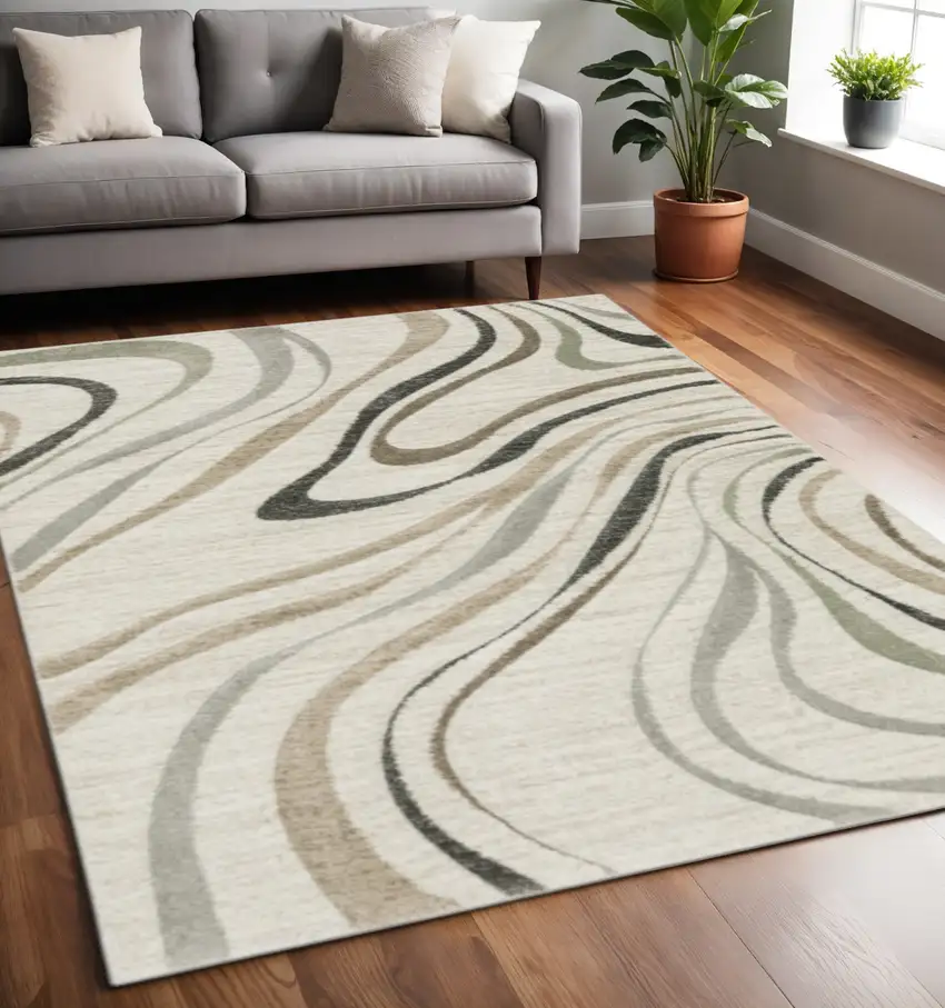 Beige Grey Brown Sage Pale Blue Tan And Charcoal Abstract Power Loom Stain Resistant Area Rug Photo 1