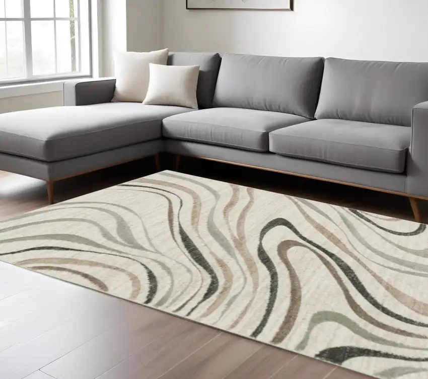 Beige Grey Brown Sage Pale Blue Tan And Charcoal Abstract Power Loom Stain Resistant Area Rug Photo 1