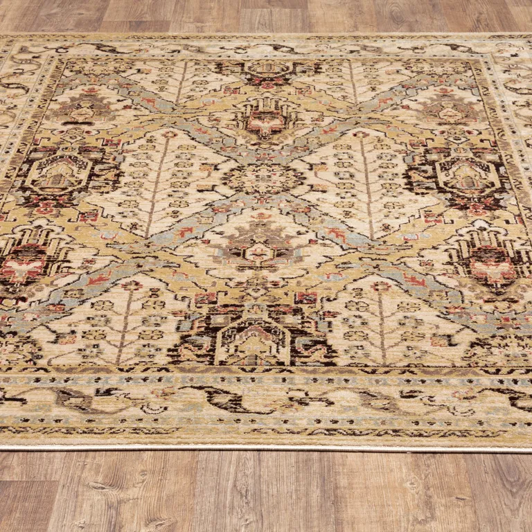 Beige Grey Dolphin Blue Deep Teal Gold And Orange Oriental Power Loom Stain Resistant Area Rug Photo 5