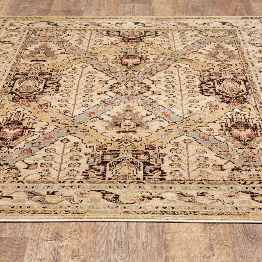 Beige Grey Dolphin Blue Deep Teal Gold And Orange Oriental Power Loom Stain Resistant Area Rug Photo 6