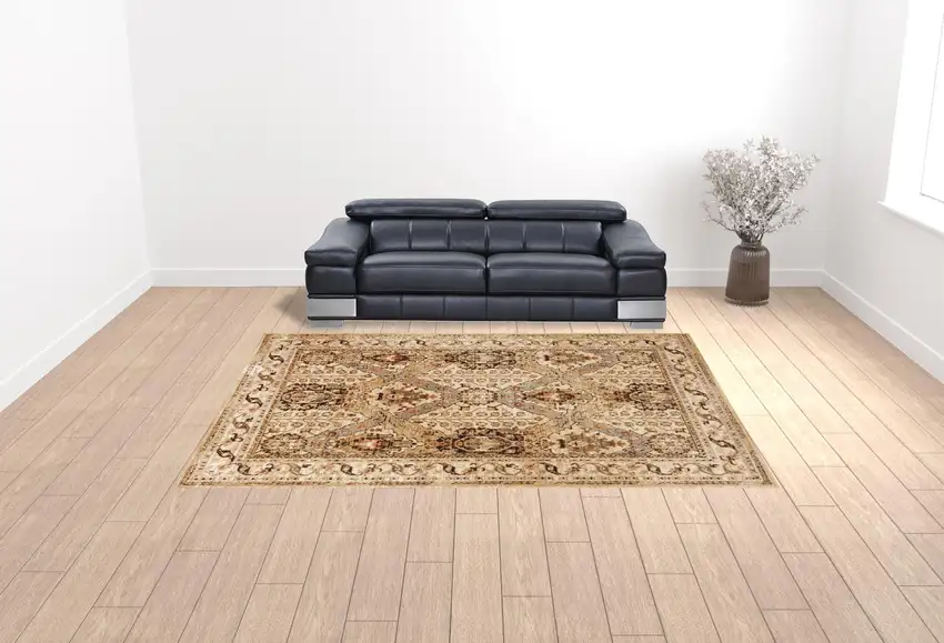 Beige Grey Dolphin Blue Deep Teal Gold And Orange Oriental Power Loom Stain Resistant Area Rug Photo 2