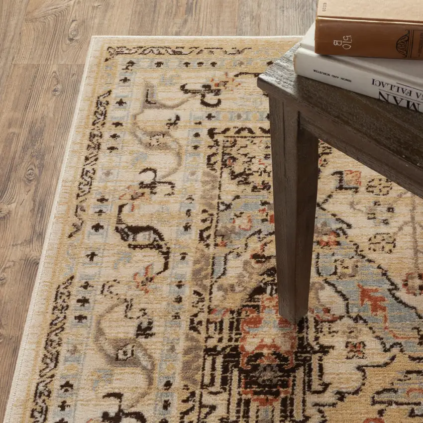 Beige Grey Dolphin Blue Deep Teal Gold And Orange Oriental Power Loom Stain Resistant Area Rug Photo 8