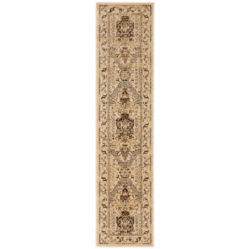 Beige Grey Dolphin Blue Deep Teal Gold And Orange Oriental Power Loom Stain Resistant Runner Rug Photo 2