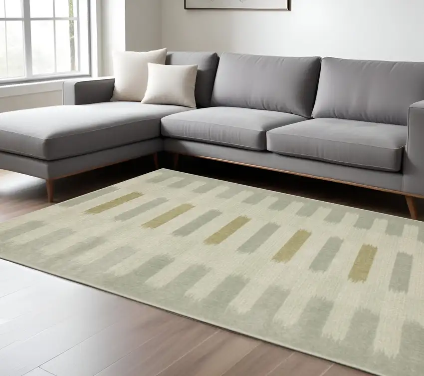 Beige Grey Gold And Green Geometric Power Loom Stain Resistant Area Rug Photo 1