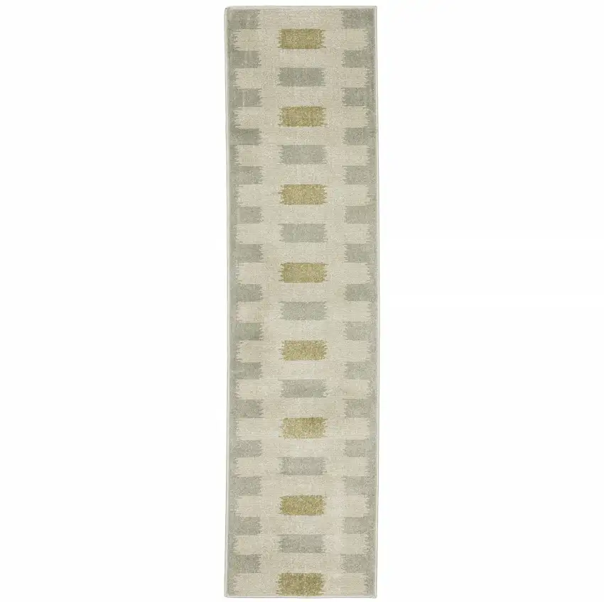 Beige Grey Gold And Green Geometric Power Loom Stain Resistant Runner Rug Photo 1