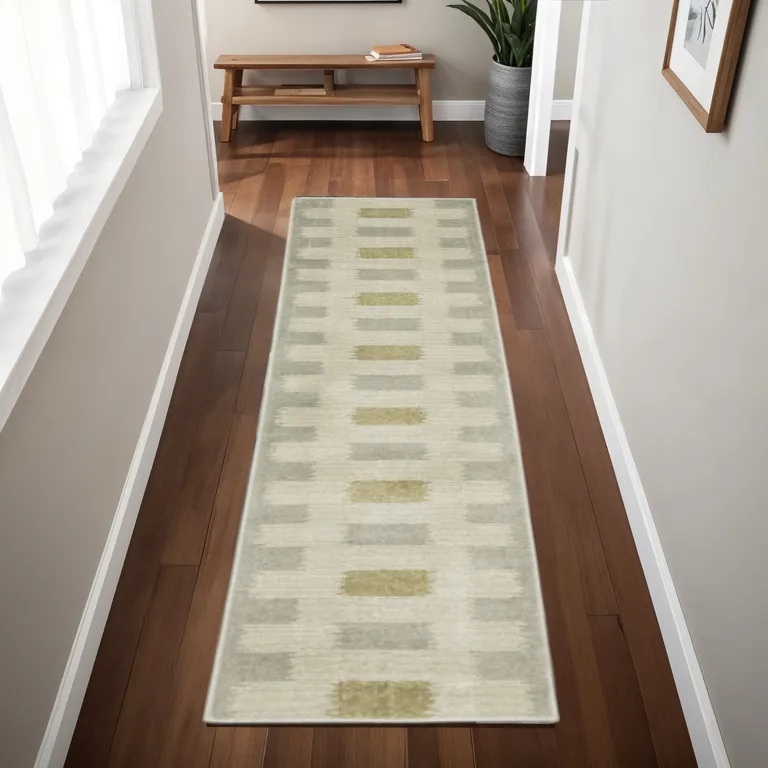 Beige Grey Gold And Green Geometric Power Loom Stain Resistant Runner Rug Photo 3