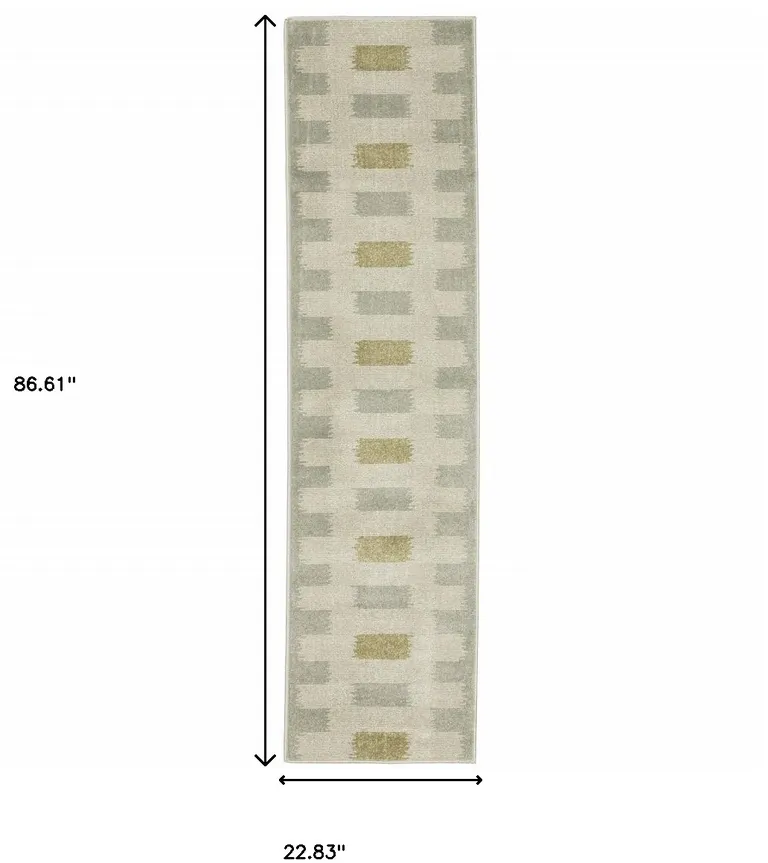 Beige Grey Gold And Green Geometric Power Loom Stain Resistant Runner Rug Photo 2