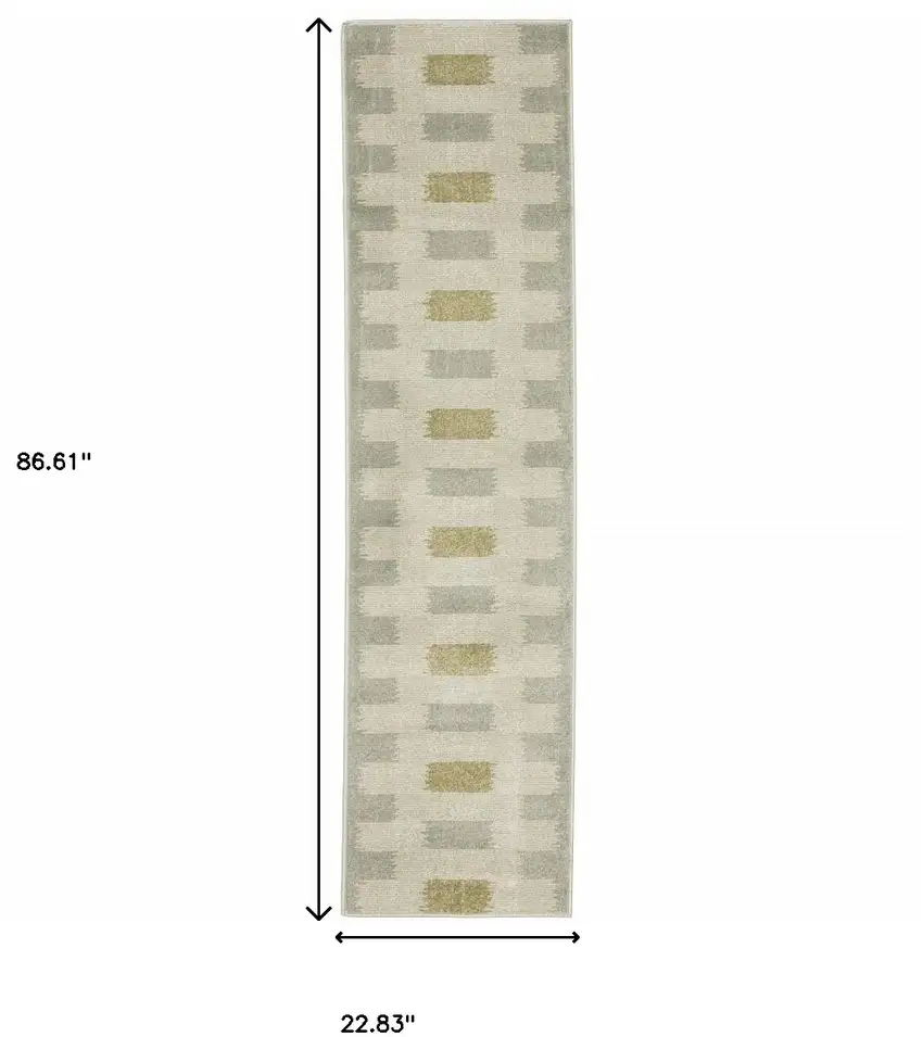 Beige Grey Gold And Green Geometric Power Loom Stain Resistant Runner Rug Photo 9