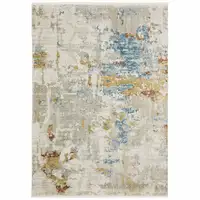Photo of Beige Grey Gold Blue Rust And Teal Abstract Power Loom Stain Resistant Area Rug With Fringe