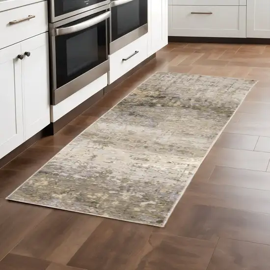 2' X 8' Beige Grey Ivory Tan And Brown Abstract Power Loom Stain Resistant Runner Rug Photo 1