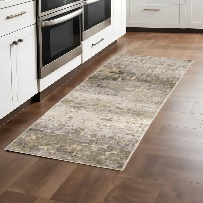2' X 8' Beige Grey Ivory Tan And Brown Abstract Power Loom Stain Resistant Runner Rug Photo 1
