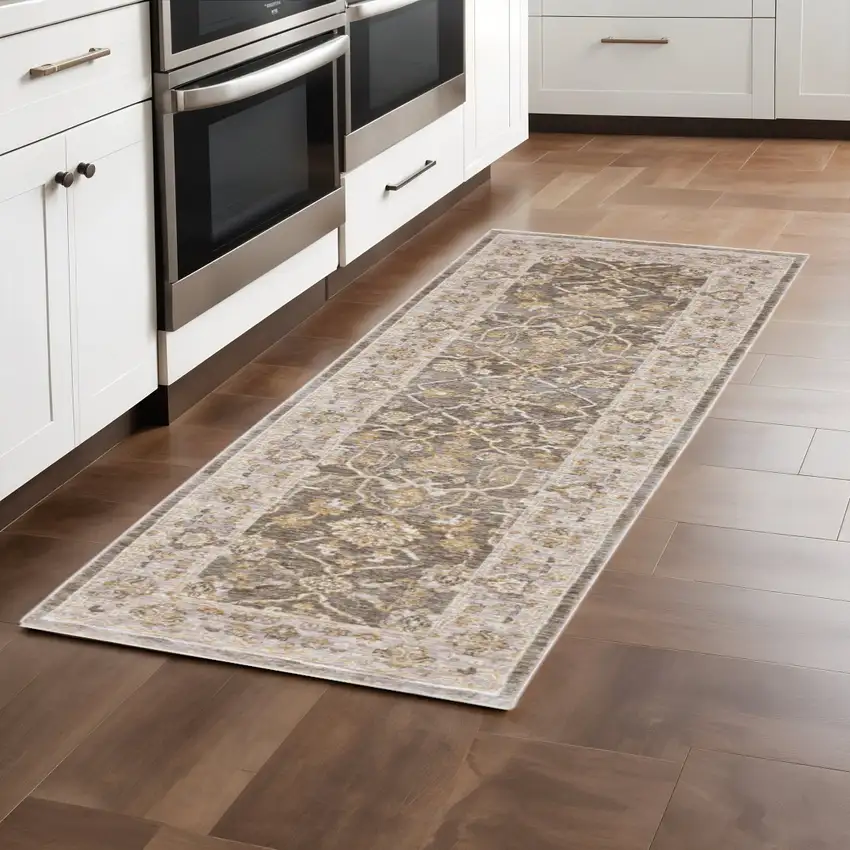 8' Beige Grey Machine Woven Oriental Indoor Runner Rug Photo 1