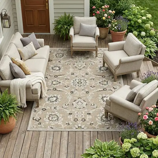 Beige Floral Indoor Outdoor Area Rug Photo 1