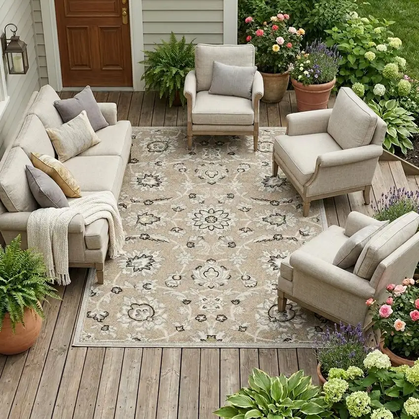 Beige Floral Indoor Outdoor Area Rug Photo 1