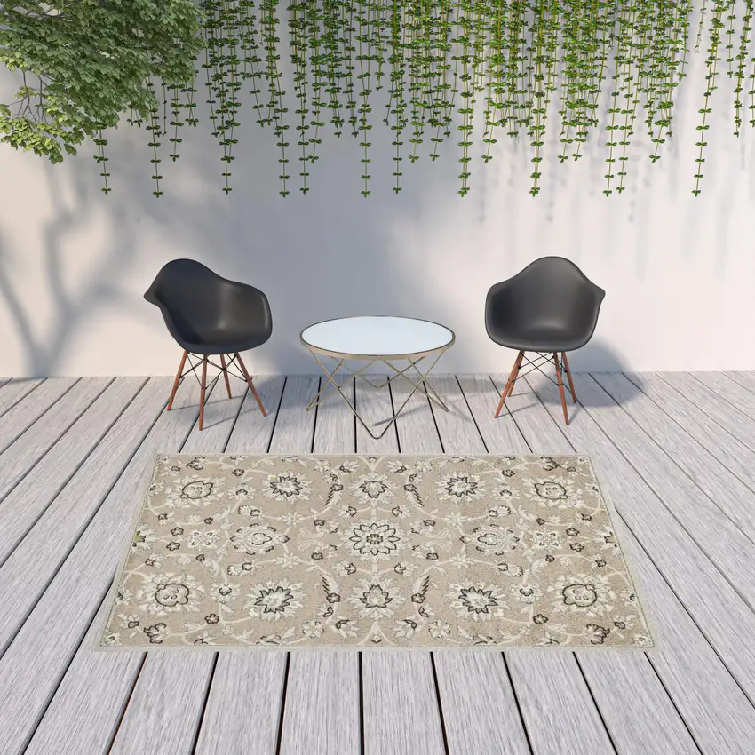 Beige Grey Machine Woven UV Treated Floral Traditional Indoor Outdoor Area Rug Photo 6