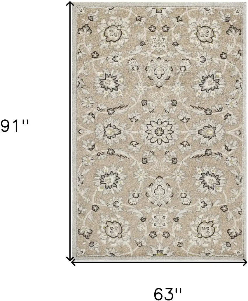 5'X8' Beige Grey Machine Woven Uv Treated Floral Traditional Indoor Outdoor Area Rug Photo 3
