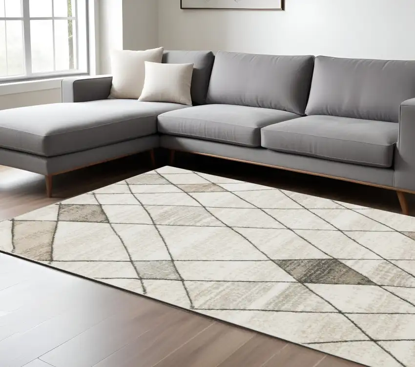 Beige and Black Geometric Power Loom Area Rug Photo 1