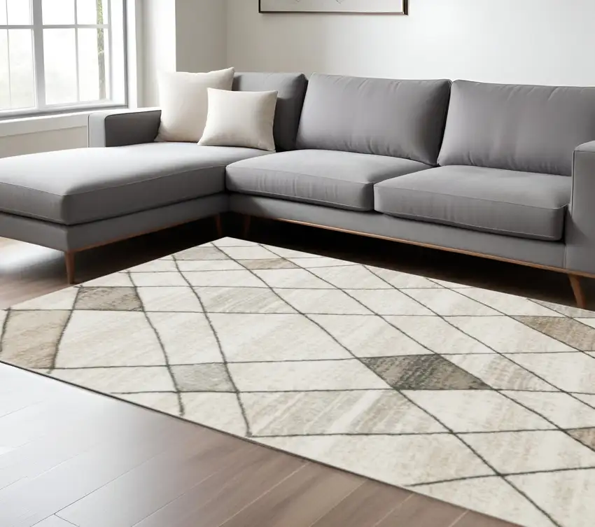 Beige Grey Tan And Brown Geometric Power Loom Stain Resistant Area Rug Photo 1