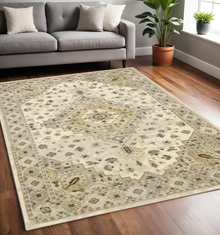 Beige Grey Tan And Brown Oriental Power Loom Stain Resistant Area Rug Photo 1