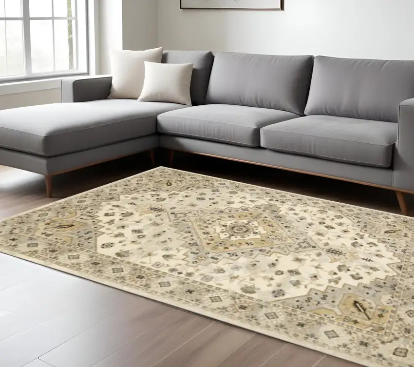 Beige Grey Tan And Brown Oriental Power Loom Stain Resistant Area Rug Photo 1