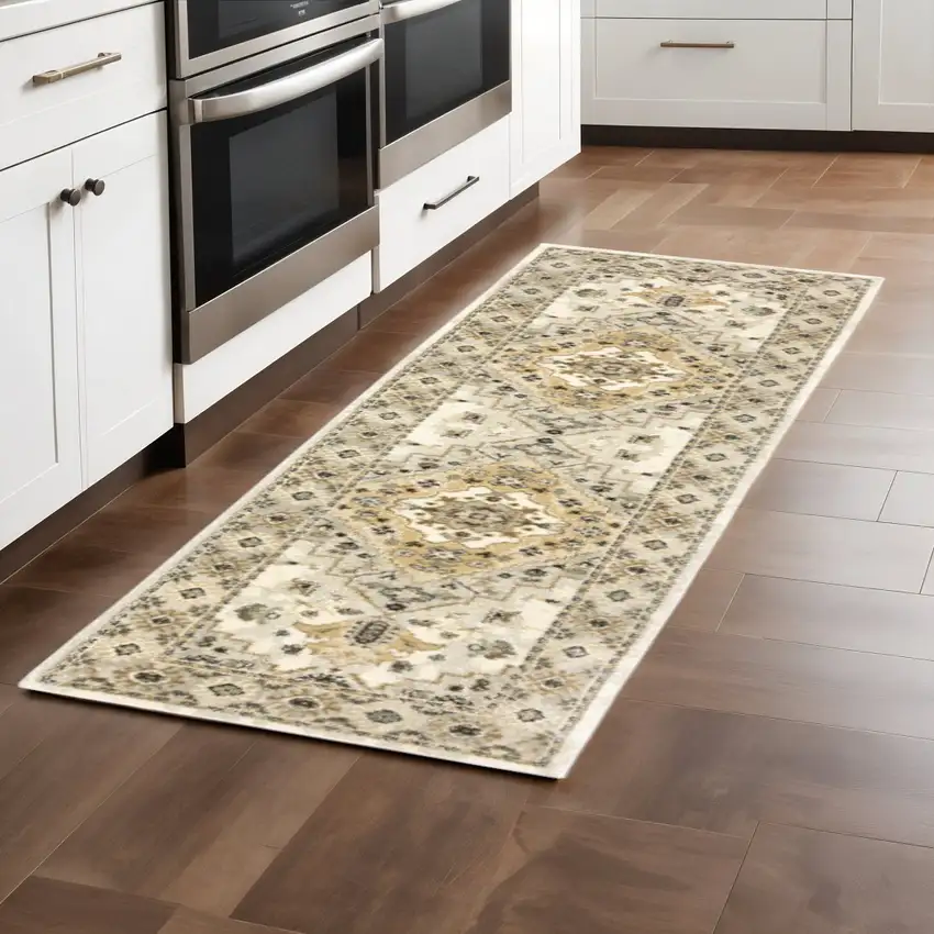 2' X 8' Beige Grey Tan And Brown Oriental Power Loom Stain Resistant Runner Rug Photo 1