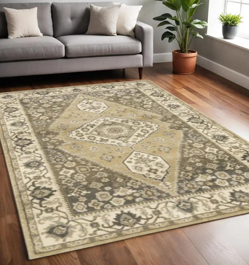 Beige Grey Tan And Charcoal Oriental Power Loom Stain Resistant Area Rug Photo 1