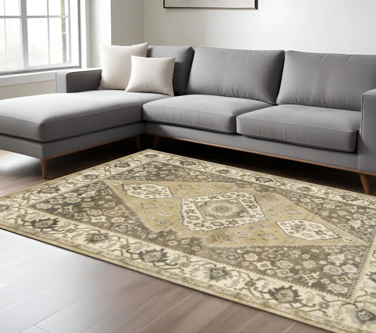 Beige Grey Tan And Charcoal Oriental Power Loom Stain Resistant Area Rug Photo 2
