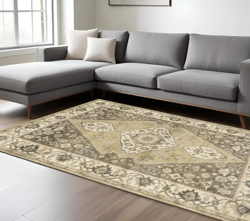 Beige Grey Tan And Charcoal Oriental Power Loom Stain Resistant Area Rug Photo 1