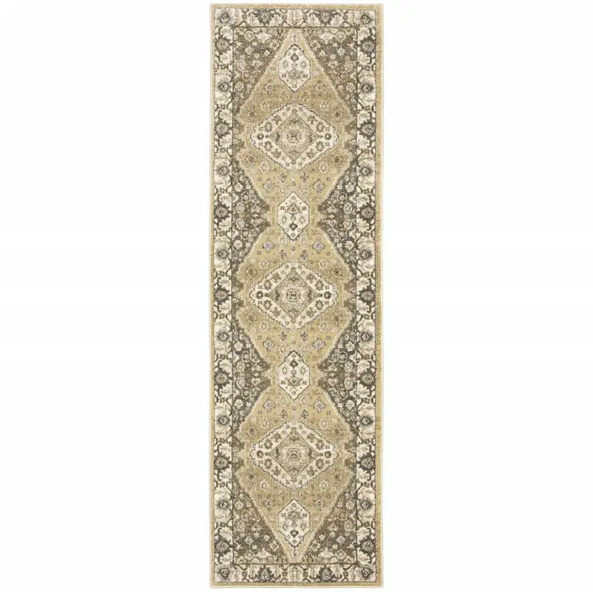 Beige Grey Tan And Charcoal Oriental Power Loom Stain Resistant Runner Rug Photo 1