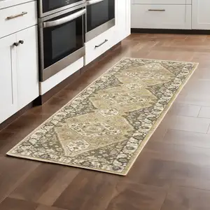 Photo of Beige Grey Tan And Charcoal Oriental Power Loom Stain Resistant Runner Rug