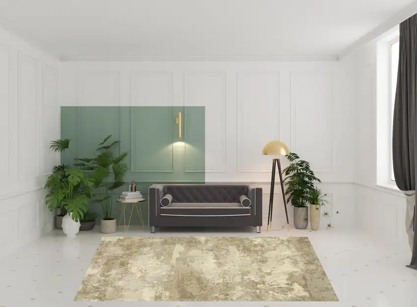 Beige and Gold Abstract Power Loom Area Rug Photo 2