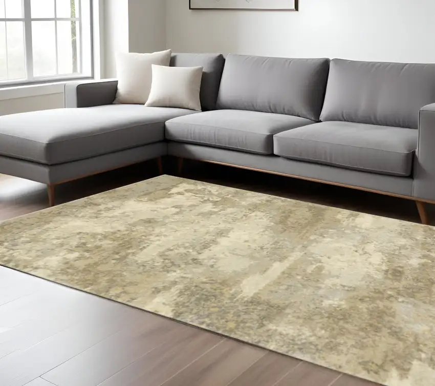Beige and Gold Abstract Power Loom Area Rug Photo 1